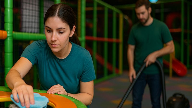 cleaning a dusty indoor playground